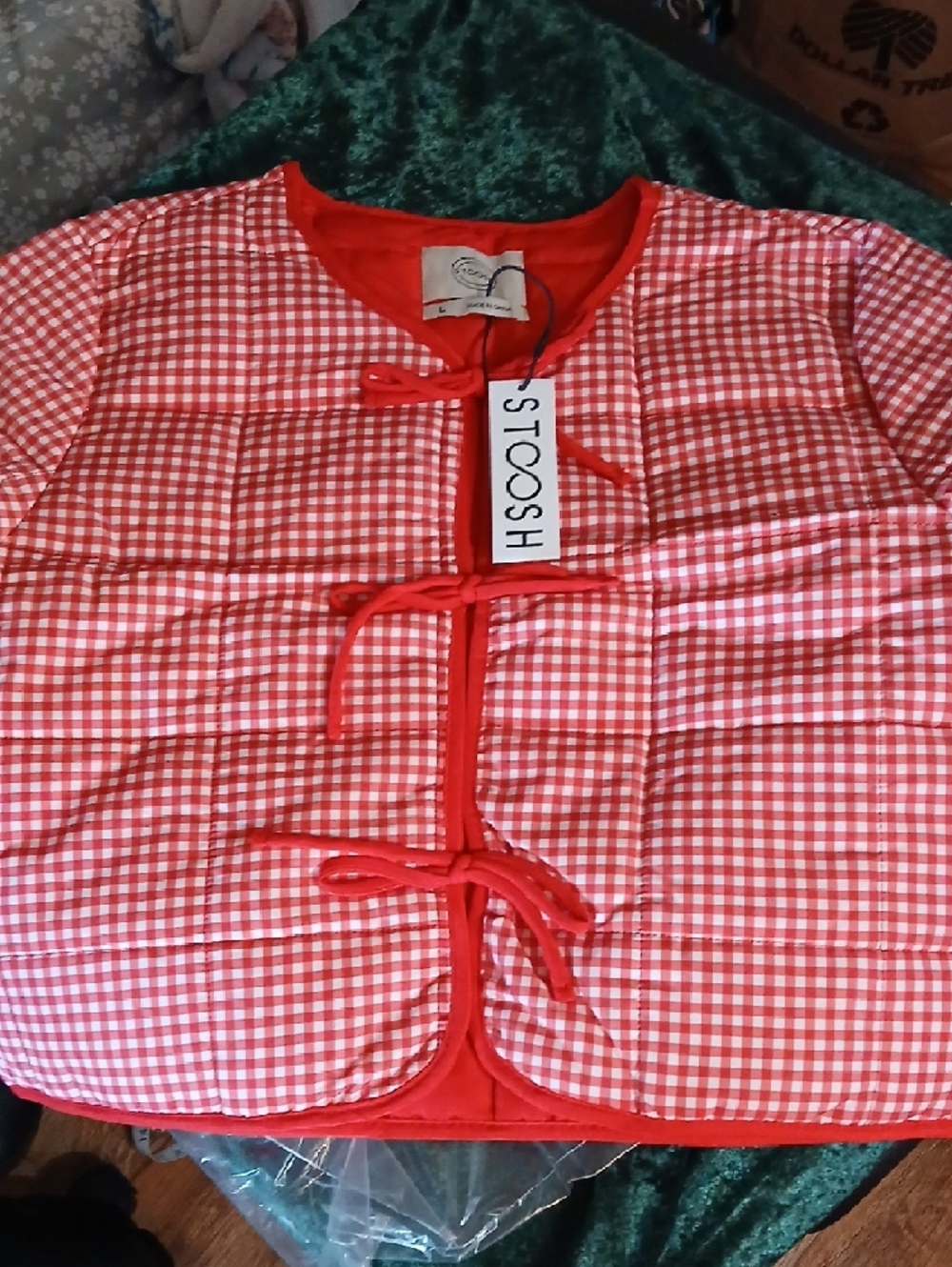 Stoosh Red and White Gingham Tie-Front Quilted Vest - Picture 7 of 10